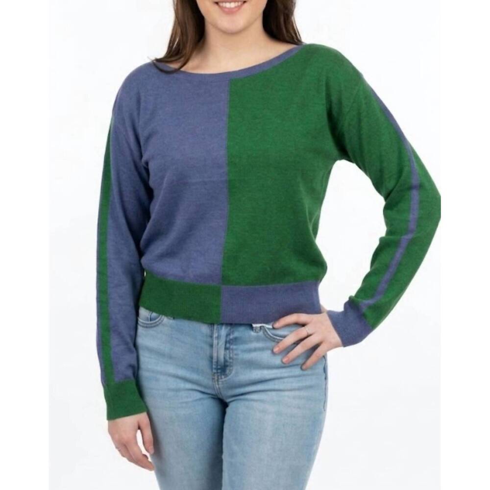 NEW HASSON bi-color boatneck sweater in denim/kelly